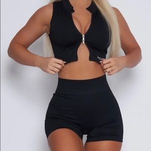 PCHEEBUM Black Ribbed Zip Sleeveless Crop and Short Set